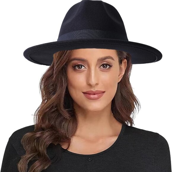 Classic Fedora Hats for Women Lady Wide Brim Felt Panama Hat with Belt Buckle - Picture 1 of 6